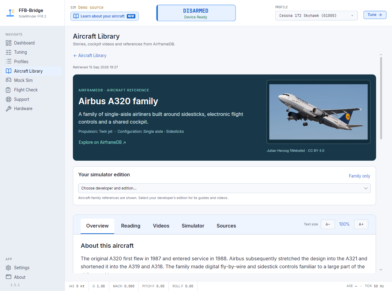 FFB-Bridge বিমান লাইব্রেরি Airbus A320 পরিবার, একটি সিমুলেটর সংস্করণ নির্বাচক এবং বিমান পড়ার বিভাগগুলি দেখাচ্ছে