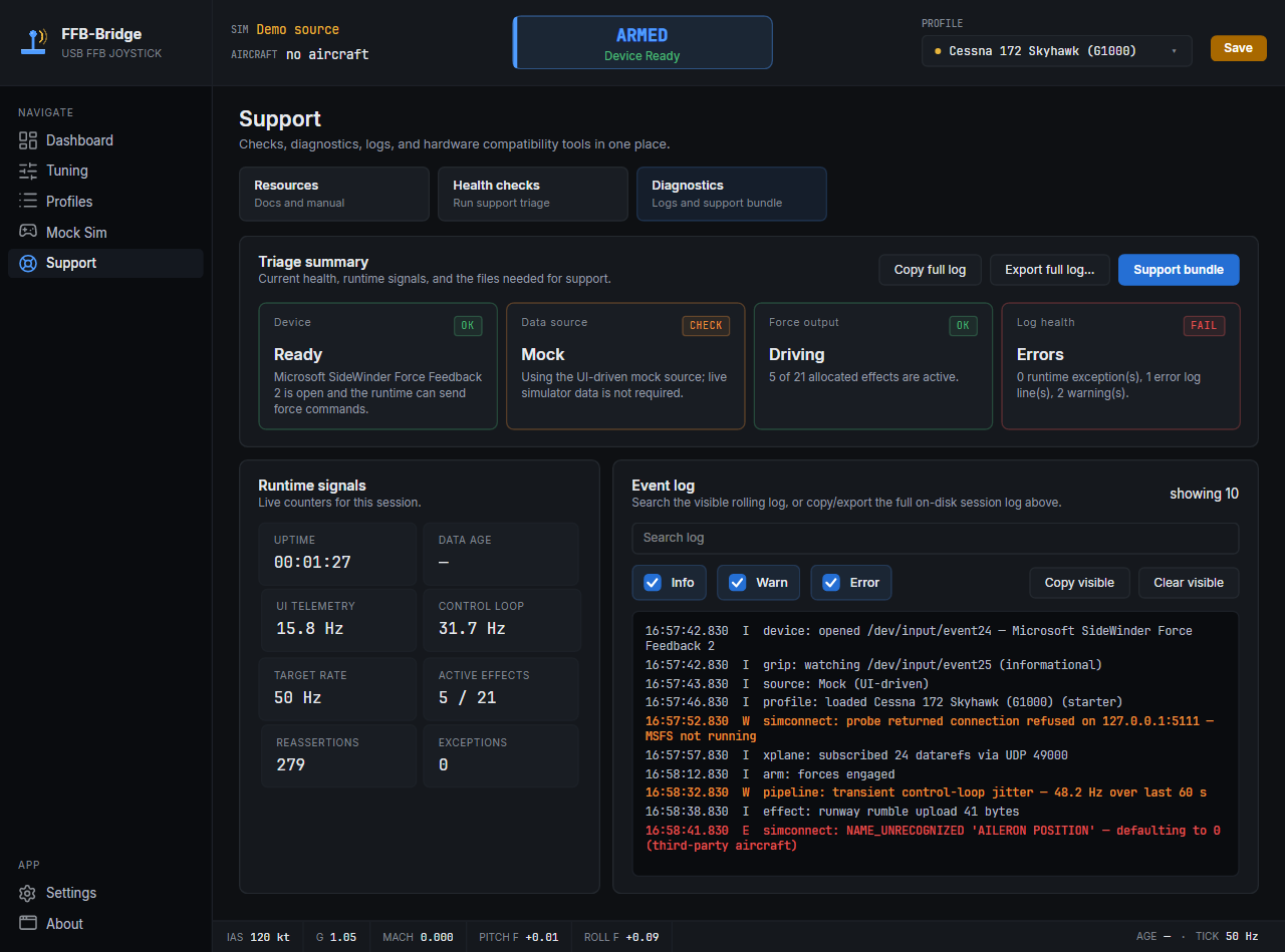 Diagnose-Tab in der Supportseite. Oben die Triage-Zusammenfassung, darunter Laufzeitsignale und durchsuchbares Ereignisprotokoll, Support-Bundle-Export in der Kopfleiste.