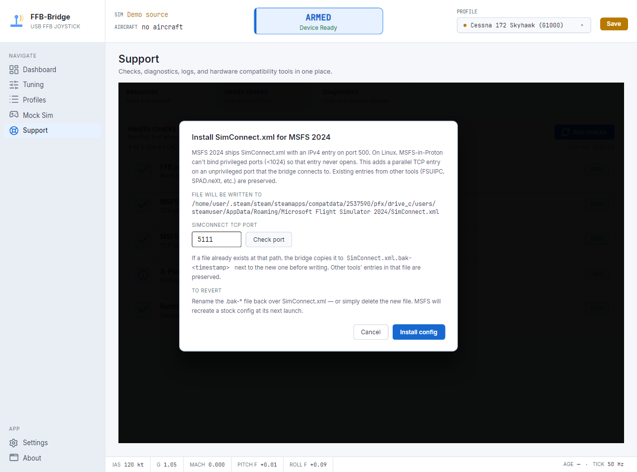 FFB-Bridge-Supportseite mit Linux-SimConnect- und Loopback-Einrichtungsanleitungen
