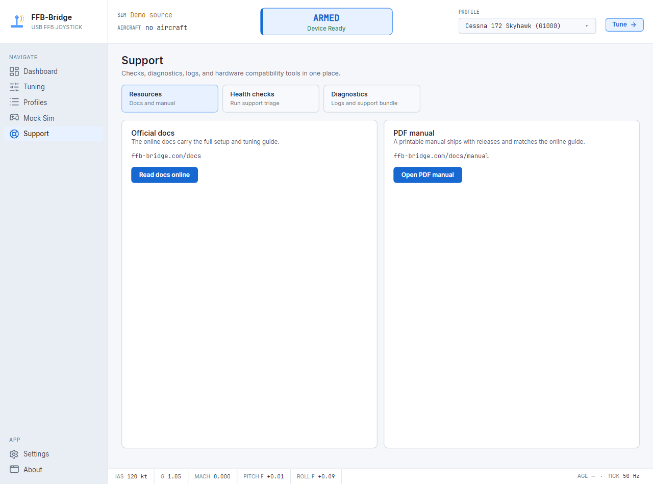 Hilfeseite. Auf der Registerkarte „Start“ werden die Schritte zum Starten sowie Gerät, Simulator, Quelle, Profil und Aktivierungsstatus der aktuellen Sitzung angezeigt.