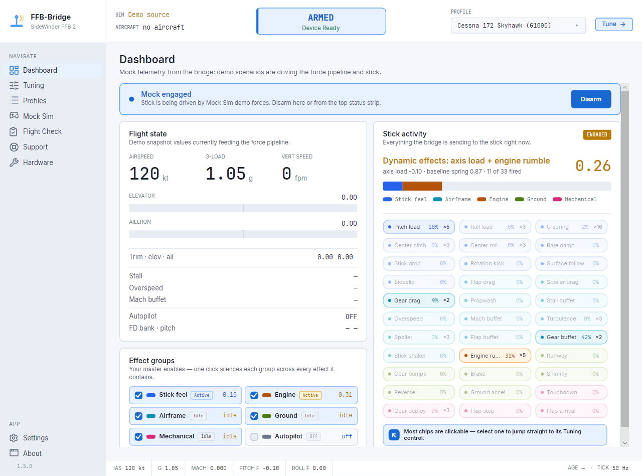 Das FFB-Bridge-Dashboard zeigt die Live-Kraftausgabe als Reaktion auf den Flug