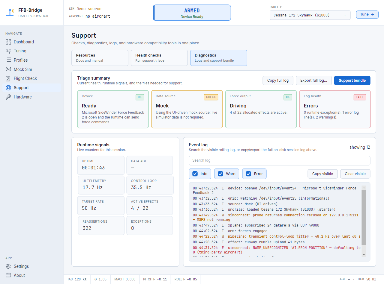 FFB-Bridge-Diagnoseseite mit Laufzeitmetriken, Protokollen und Support-Bundle-Export