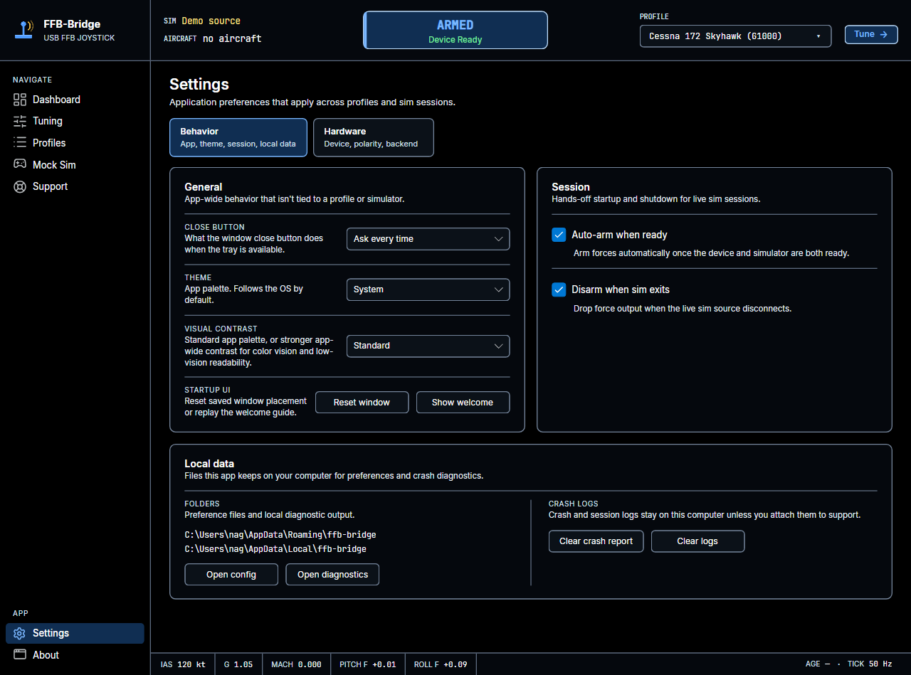 Configuración del FFB-Bridge → General con Contraste visual configurado en Contraste alto