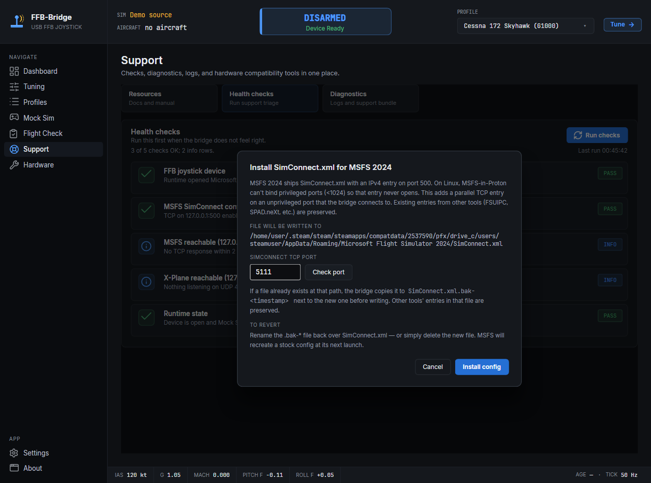 Página de soporte de FFB-Bridge que muestra Linux SimConnect y guía de configuración de loopback