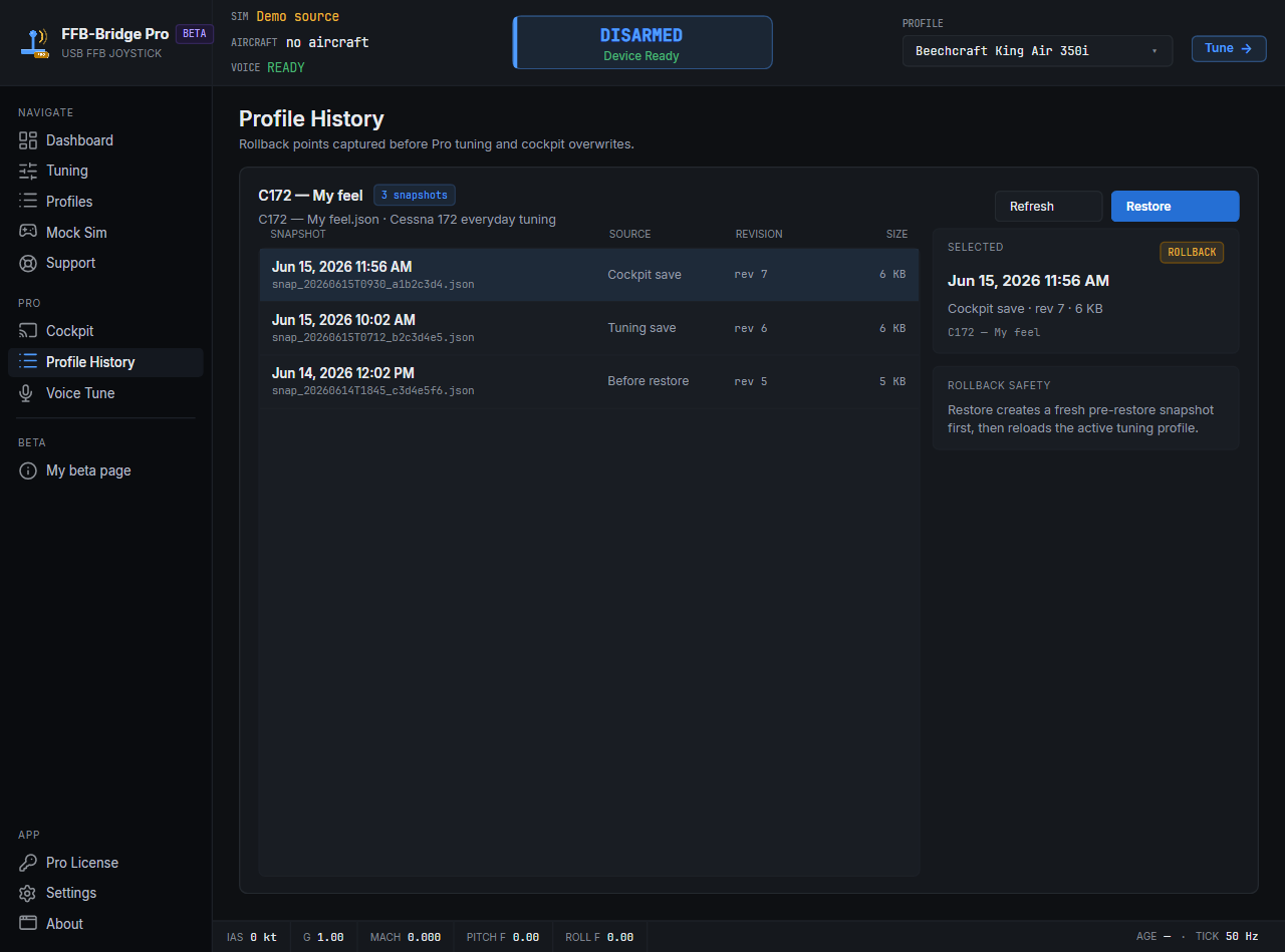 Página Profile History de FFB-Bridge Pro mostrando una lista de instantáneas de perfil con una selección