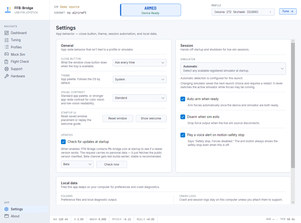 Página de configuración de FFB-Bridge con tema, automatización de sesión, comportamiento de cierre y preferencias de diagnóstico