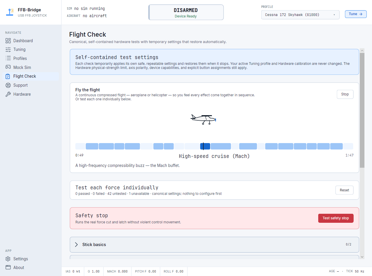 Page Flight Check de FFB-Bridge exécutant un vol d'essai compressé avec un avion animé et une chronologie