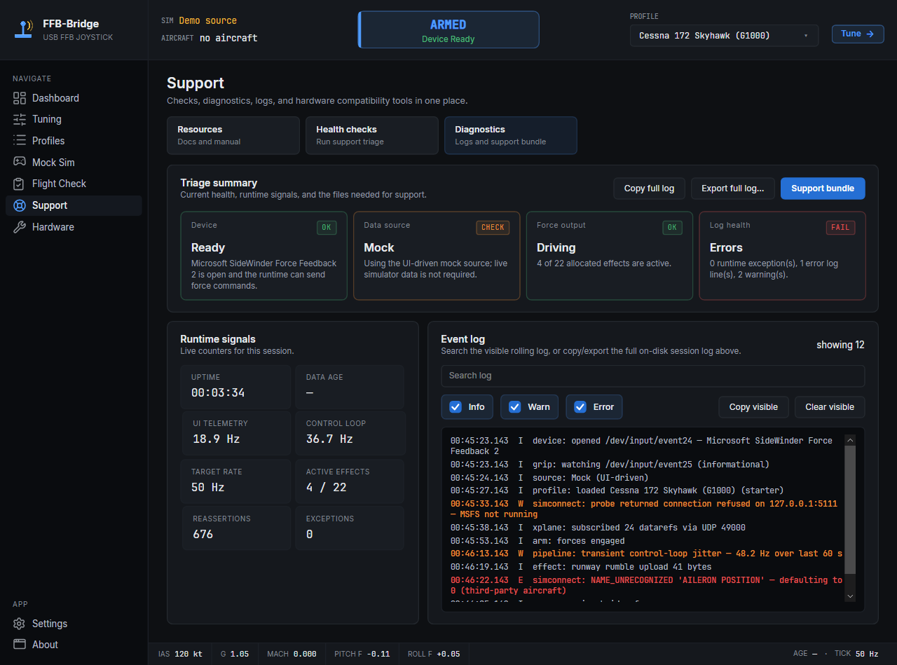Page de diagnostics FFB-Bridge avec métriques d'exécution, journaux et exportation du bundle de support