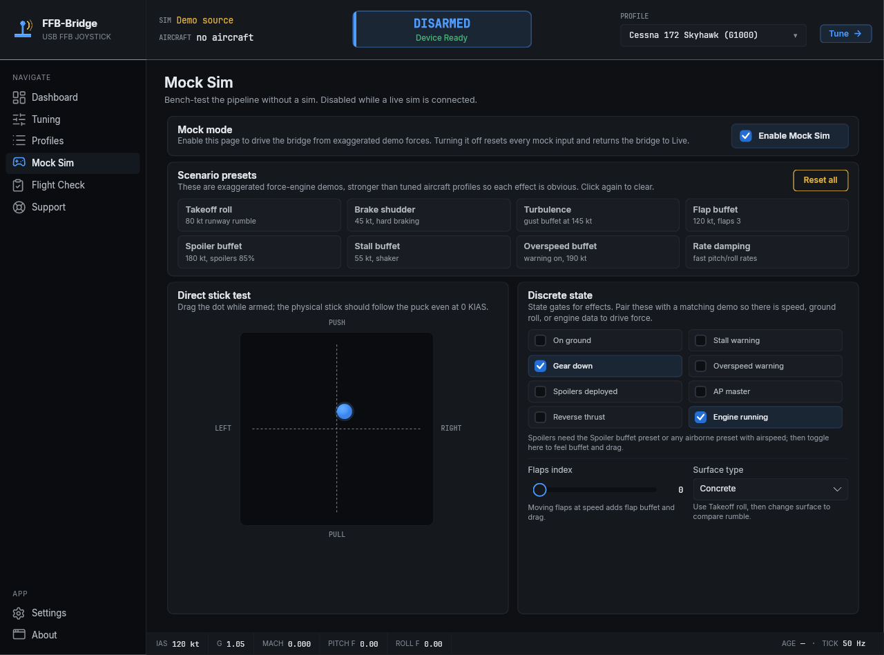 Page FFB-Bridge Mock Sim testant le retour de force sans simulateur de vol en cours d'exécution