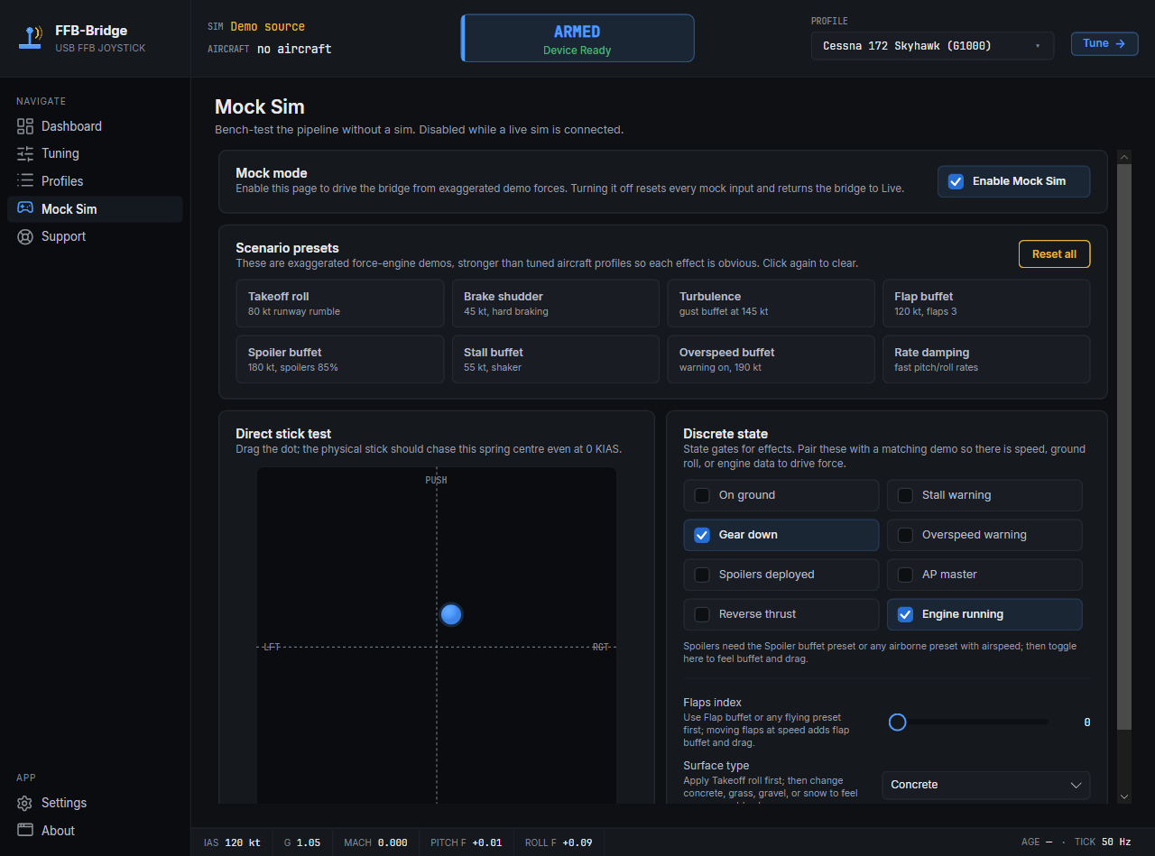 Page FFB-Bridge Mock Sim testant le retour de force sans simulateur de vol en cours d'exécution