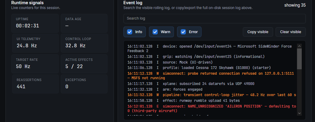 Event log strip. Warnings and errors stay readable, the text filter narrows the view, and Copy visible exports exactly the rows currently shown.
