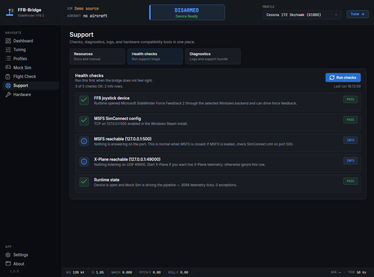 Support page. The default Health checks tab shows one row per probe, with PASS / INFO / WARN / FAIL state and contextual action buttons when a fix is available.