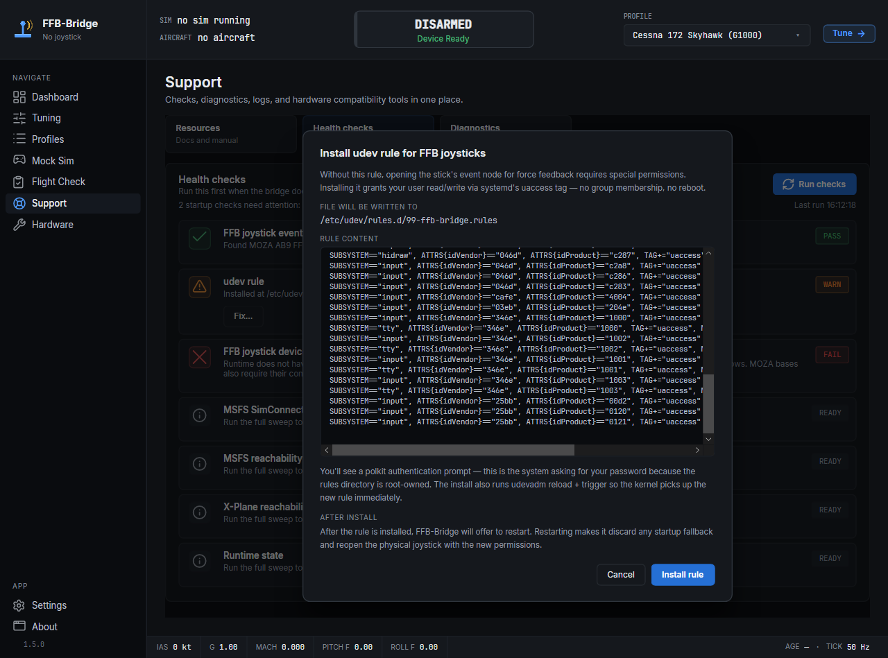 The Linux fix dialog previews the canonical supported-device input and MOZA TTY rule before requesting permission. A connected opted-in unlisted joystick is appended during installation.
