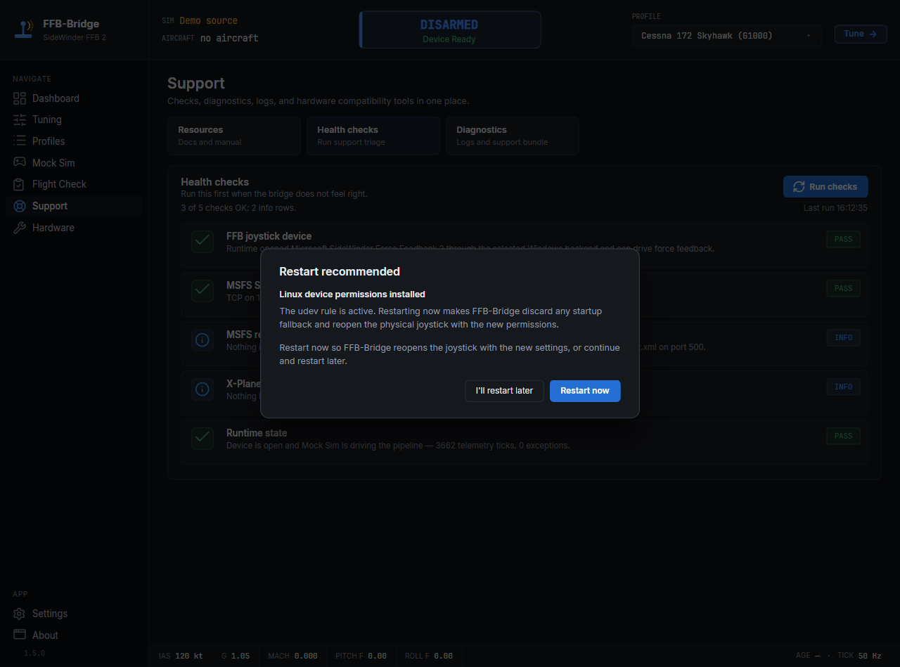 After a successful repair, the rule is active and the app recommends a restart. Restart now reopens the joystick with the new permissions and drops any startup fallback; Restart later is safe when you need to continue first.