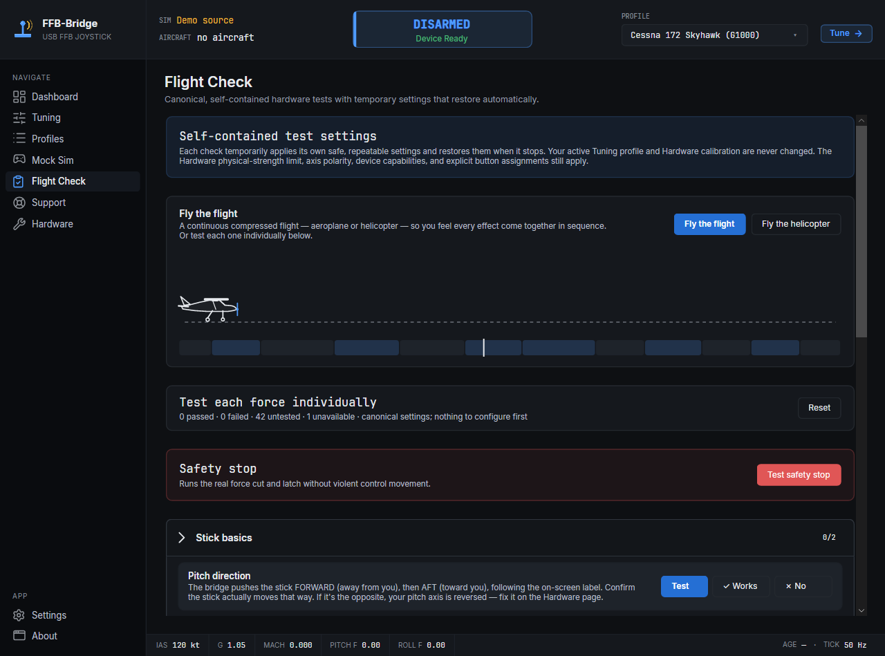 Choose one isolated check or run a complete guided sequence from the Flight Check overview.