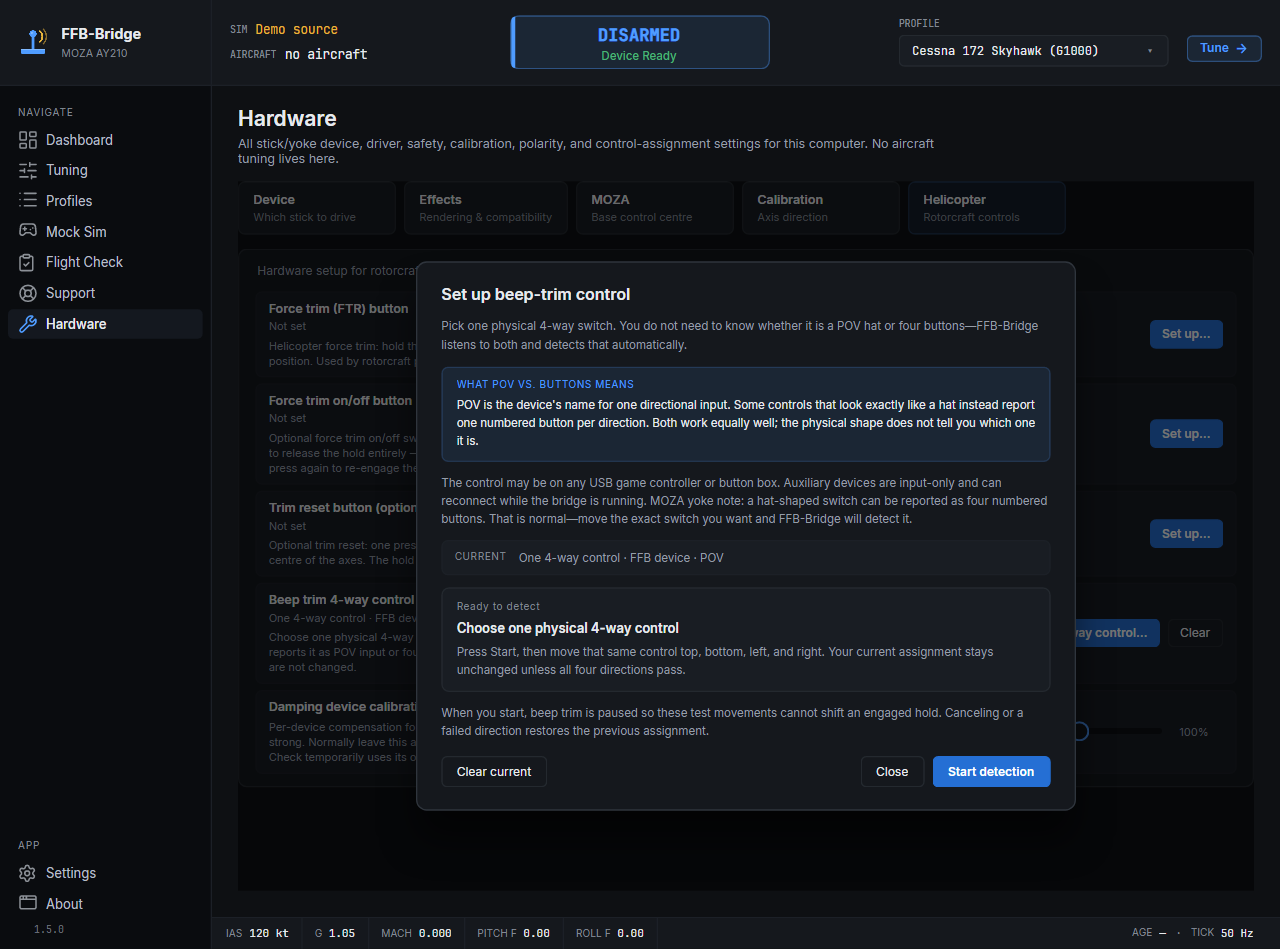 The guide explains POV versus buttons, pauses the current assignment, prepares input without a moving progress bar, then verifies all four directions before saving one input shape.