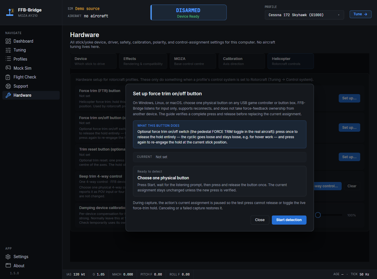 Choose Set up… for the FTR button, optional force-trim on/off button, or beep-trim 4-way control. Each opens the same guided modal, waits while device input is prepared, then animates only while a press or direction can be captured. Nothing is assigned automatically, and simulator keybindings are never changed.