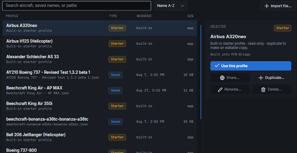 Profile library list. Starter rows are marked as built-in, the current profile is highlighted, and saved profiles appear in this same list with edit and delete actions.