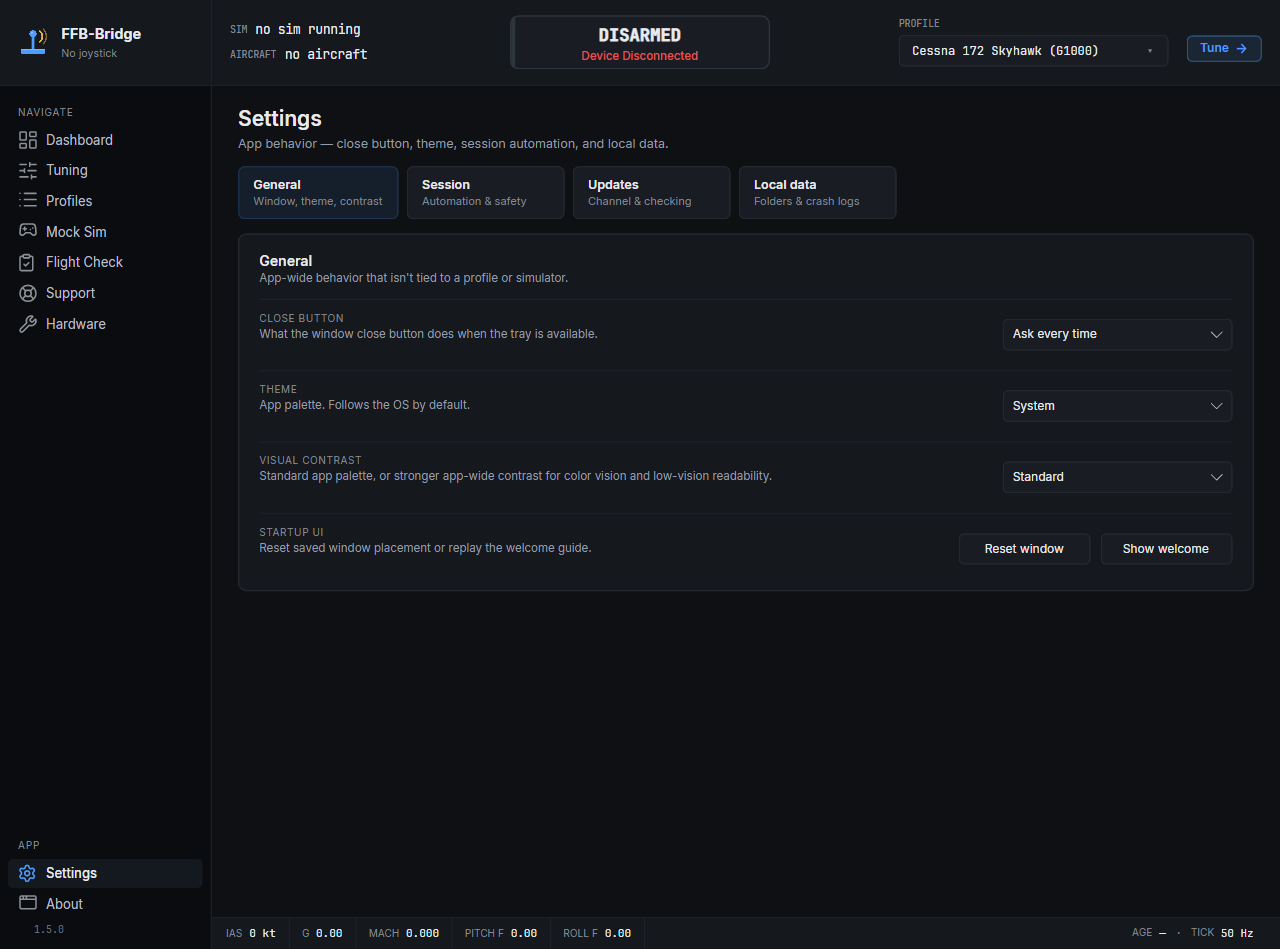 Settings page. General, Session, Updates, and Local data separate appearance, close behavior, force safety and automation, update policy, folders, crash cleanup, and log cleanup.