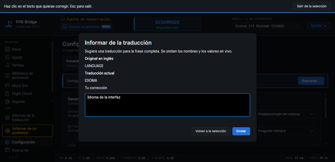 El panel «Informar de la traducción»: el texto original en inglés de la frase, la traducción actual y el cuadro para su corrección.