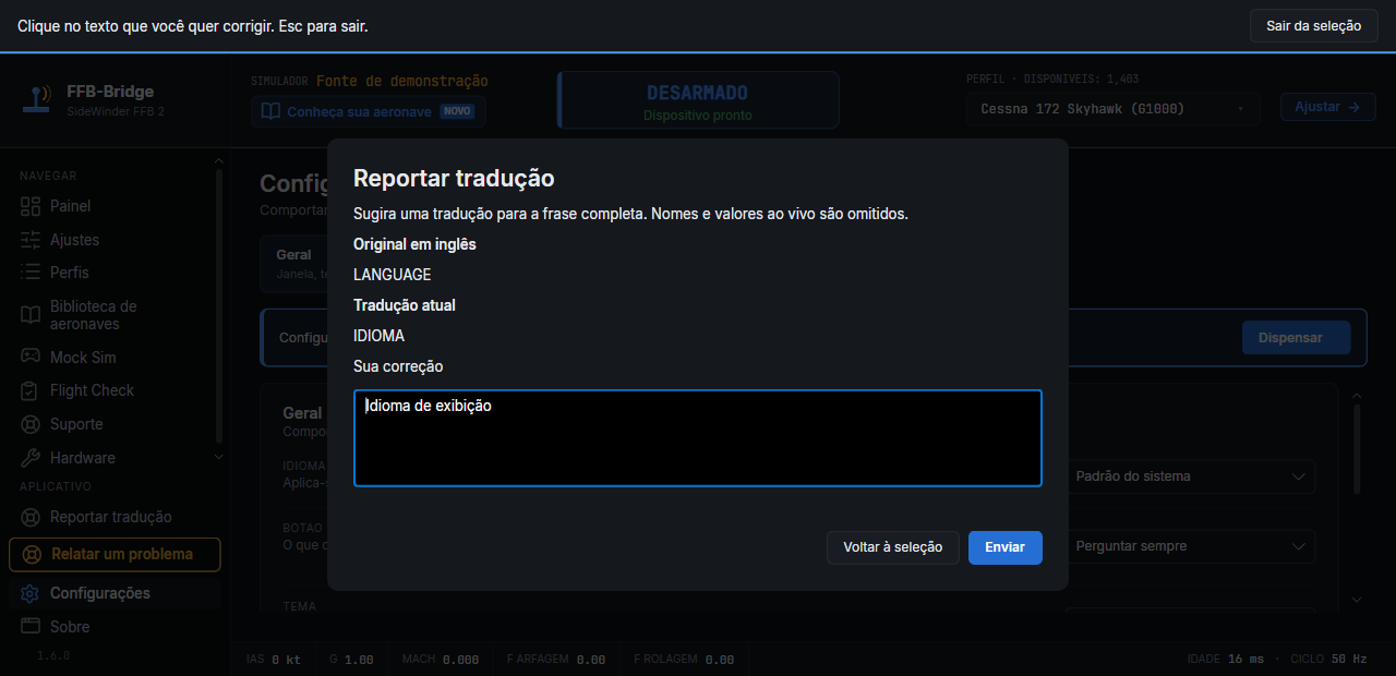 O painel “Reportar tradução”: o texto original em inglês da frase, a tradução atual e a caixa para sua correção.