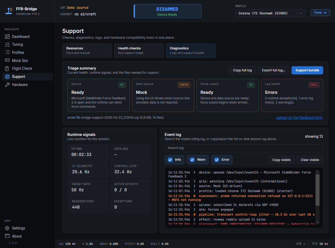 FFB-Bridge Support page Diagnostics tab after exporting a support bundle, showing the result banner with filename, size, and feedback-form action
