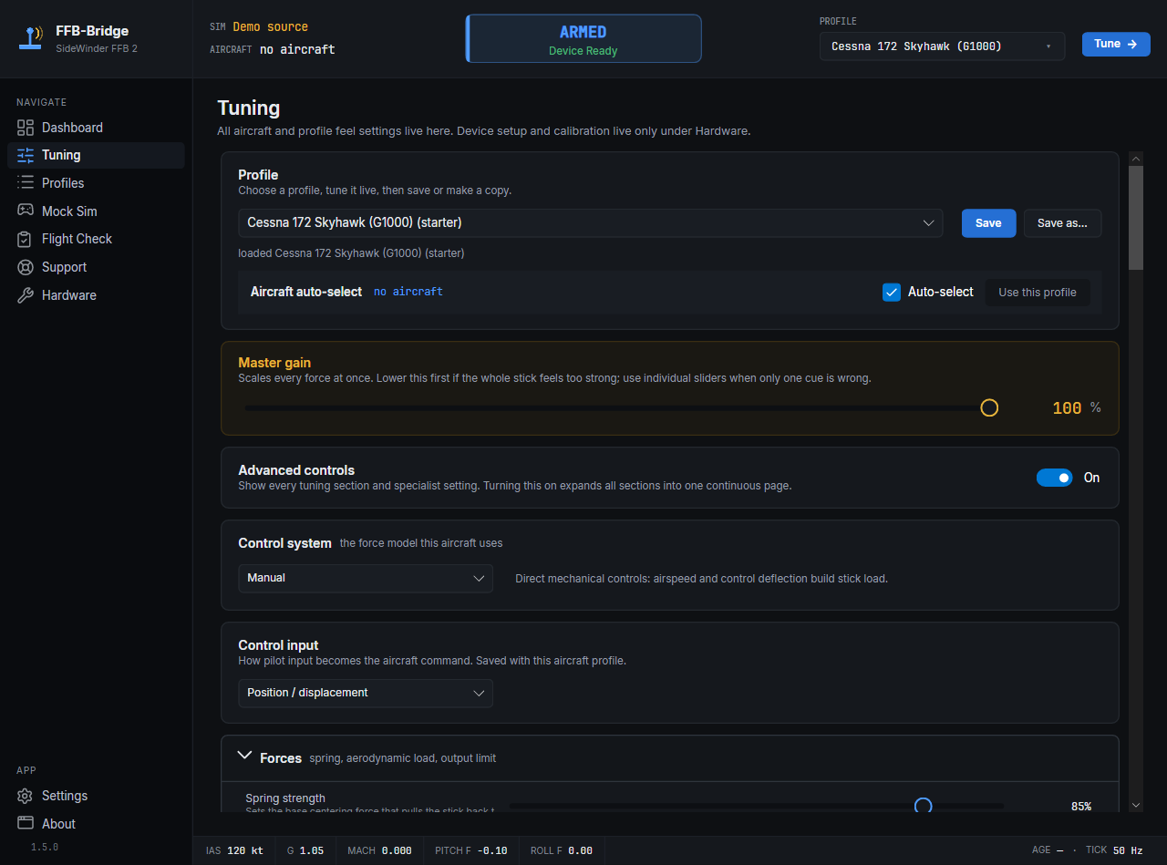 The Advanced view adds detailed force-model controls while keeping the essential profile context at the top.
