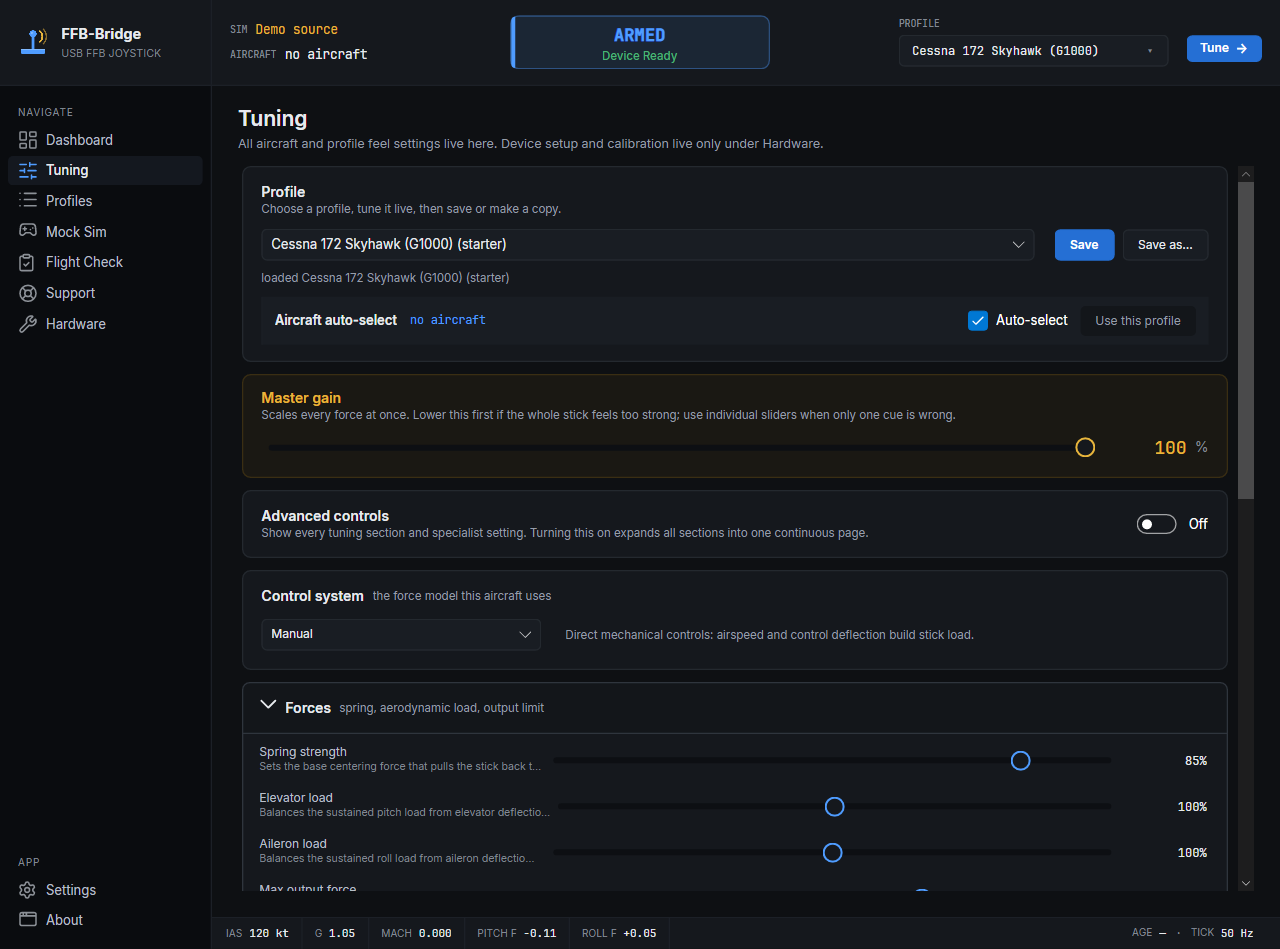 The default Tuning view keeps profile identity, master strength, control system, and relevant aircraft effects visible.