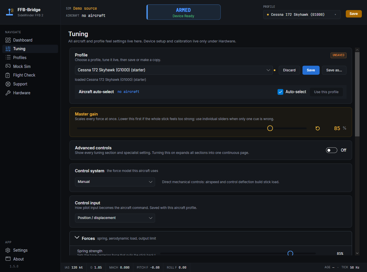 Master gain edited from default 100% to 85%. The back-arrow reset glyph appears next to the value (click to revert that single slider), an amber dirty-dot sits next to the profile picker, an UNSAVED pill lights up top-right of the Profile card, and a Discard button appears (reverts every dirty slider at once). Section / per-slider reset glyphs in the collapsed Forces / Stick feel / Effect gains expanders work the same way.