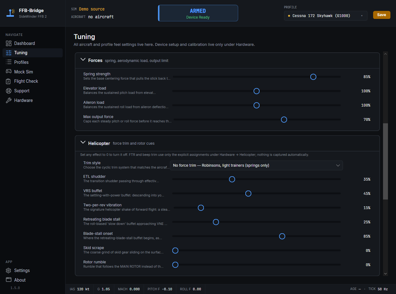 FFB-Bridge Tuning page with Rotorcraft selected and the Helicopter controls visible