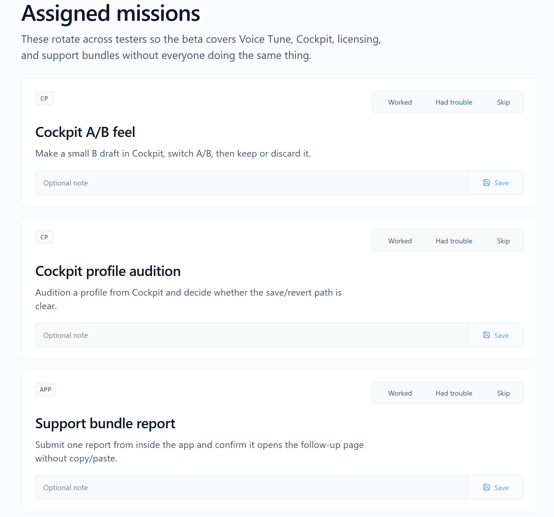 Pro beta home page showing assigned missions with worked, had trouble, skip, optional note, and save controls