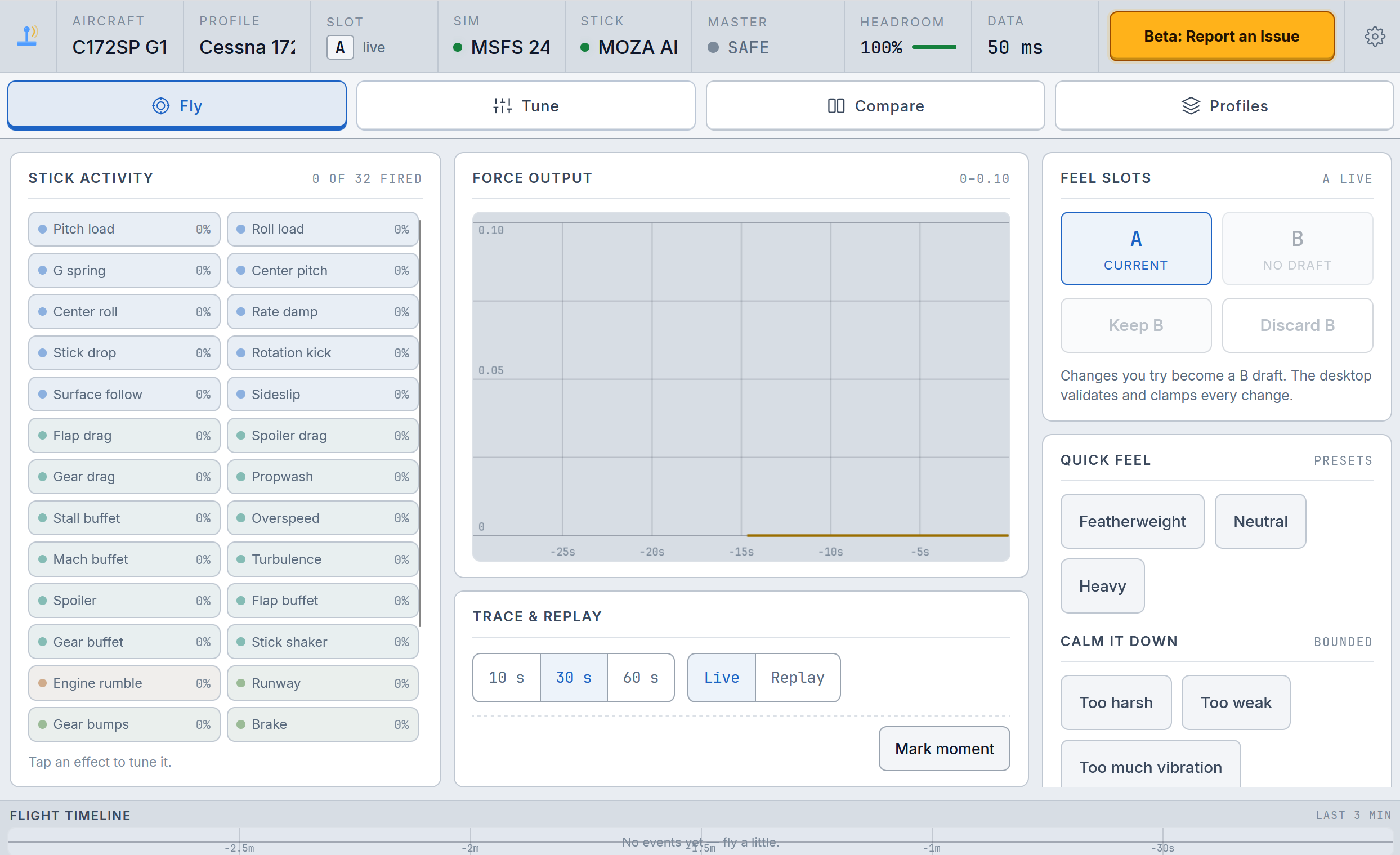 Cockpit Web fly page with stick activity chips and a bright Beta Report an Issue button
