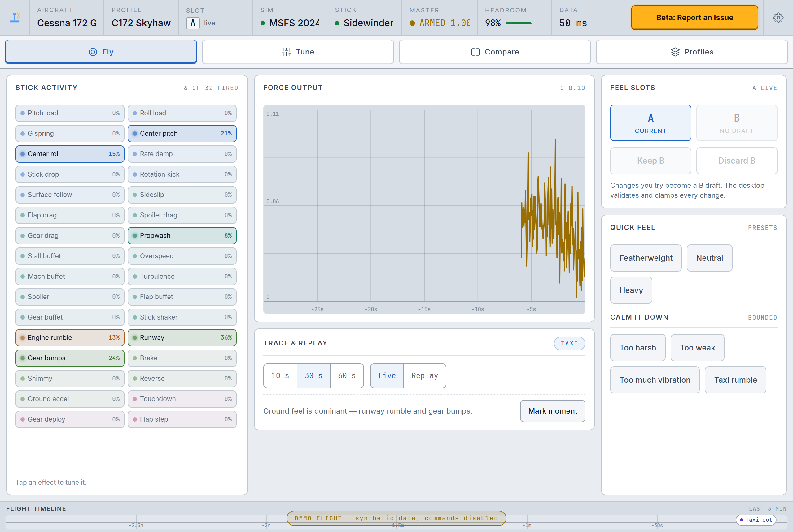 Pagina di volo di Cockpit Web con indicatori di attività dello stick e un pulsante ben visibile per segnalare un problema della beta