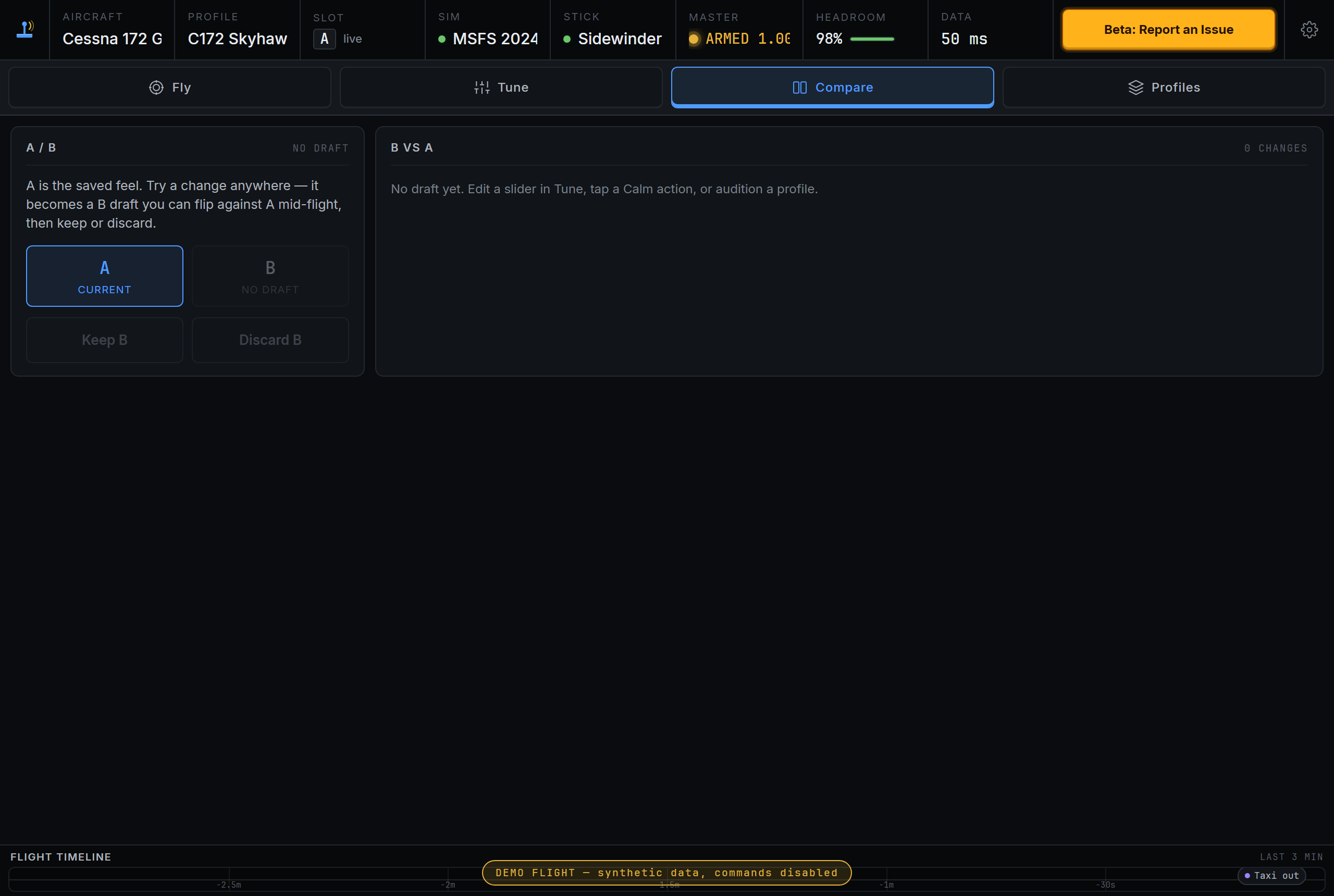 Pagina di confronto di Cockpit Web che mostra gli slot di sensazione A e B e lo stato delle modifiche