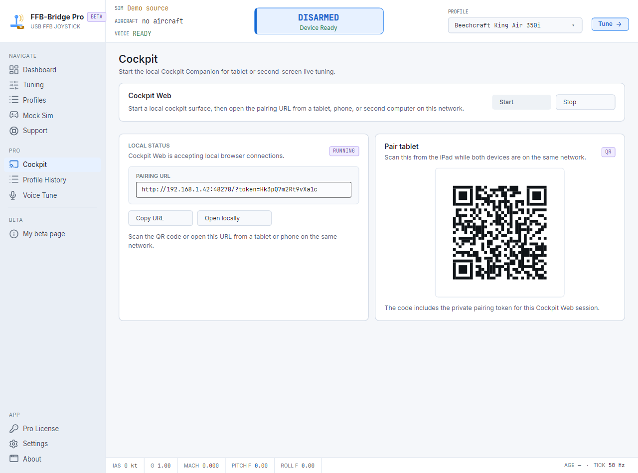 Pagina Cockpit del desktop che mostra l'URL di abbinamento locale e il codice QR per un tablet