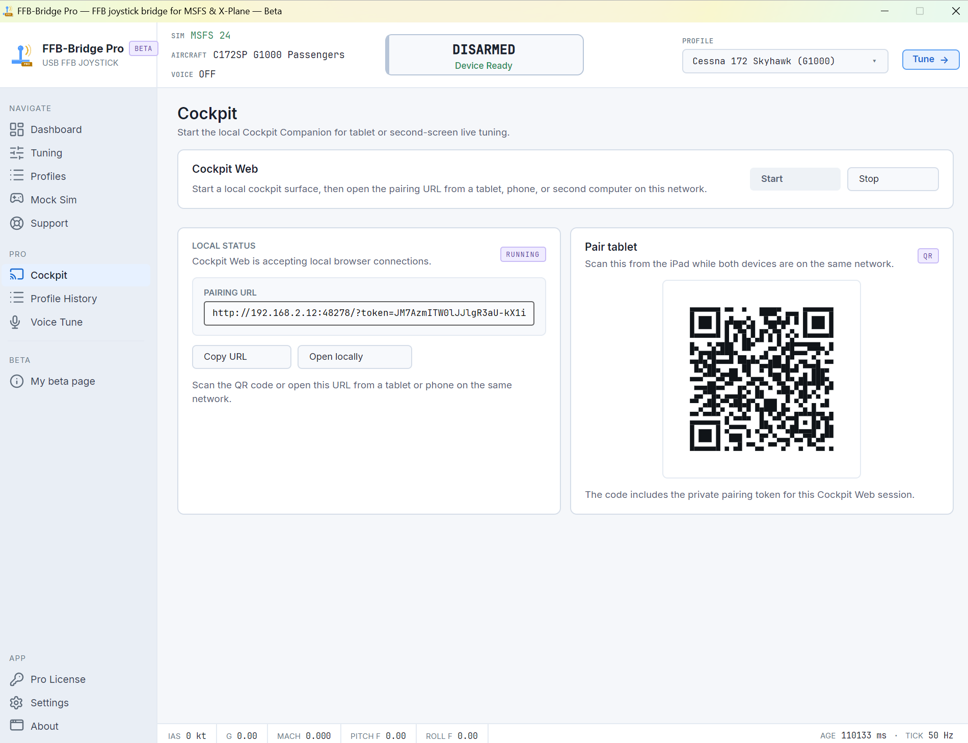 Desktop Cockpit page showing the local pairing URL and QR code for a tablet