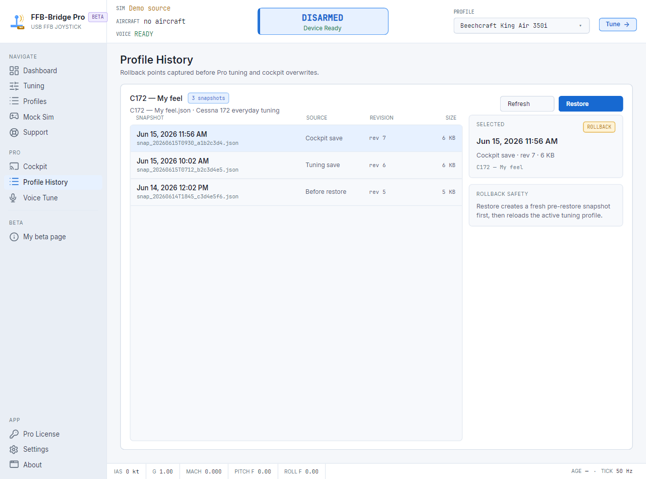 FFB-Bridge Pro Profile History che mostra gli snapshot salvati, etichettati per motivo e revisione, con un pulsante di ripristino