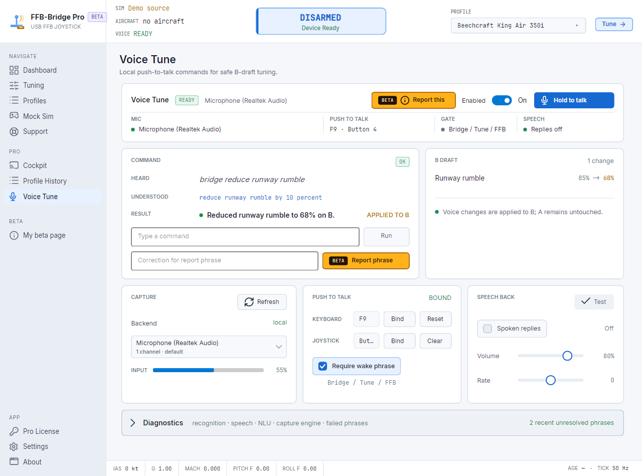 FFB-Bridge Pro Voice Tune che mostra un comando completato — ascoltato, compreso e applicato alla bozza B — con l'indicatore del microfono in tempo reale