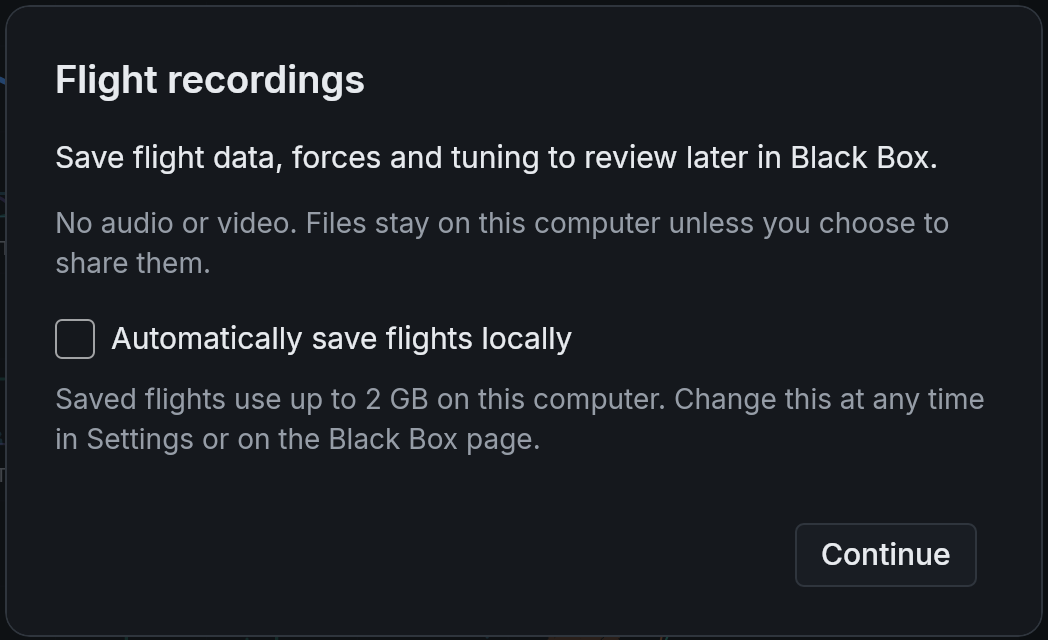 The Flight recordings step at first start. Tick the box to save your flights on this computer.