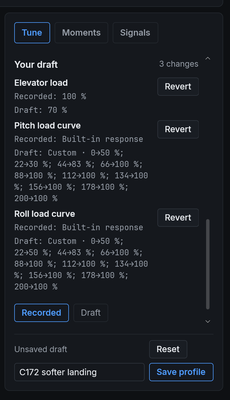 The Tune tab with three draft changes: Elevator load lowered from 100% to 70%, and custom pitch and roll load curves.