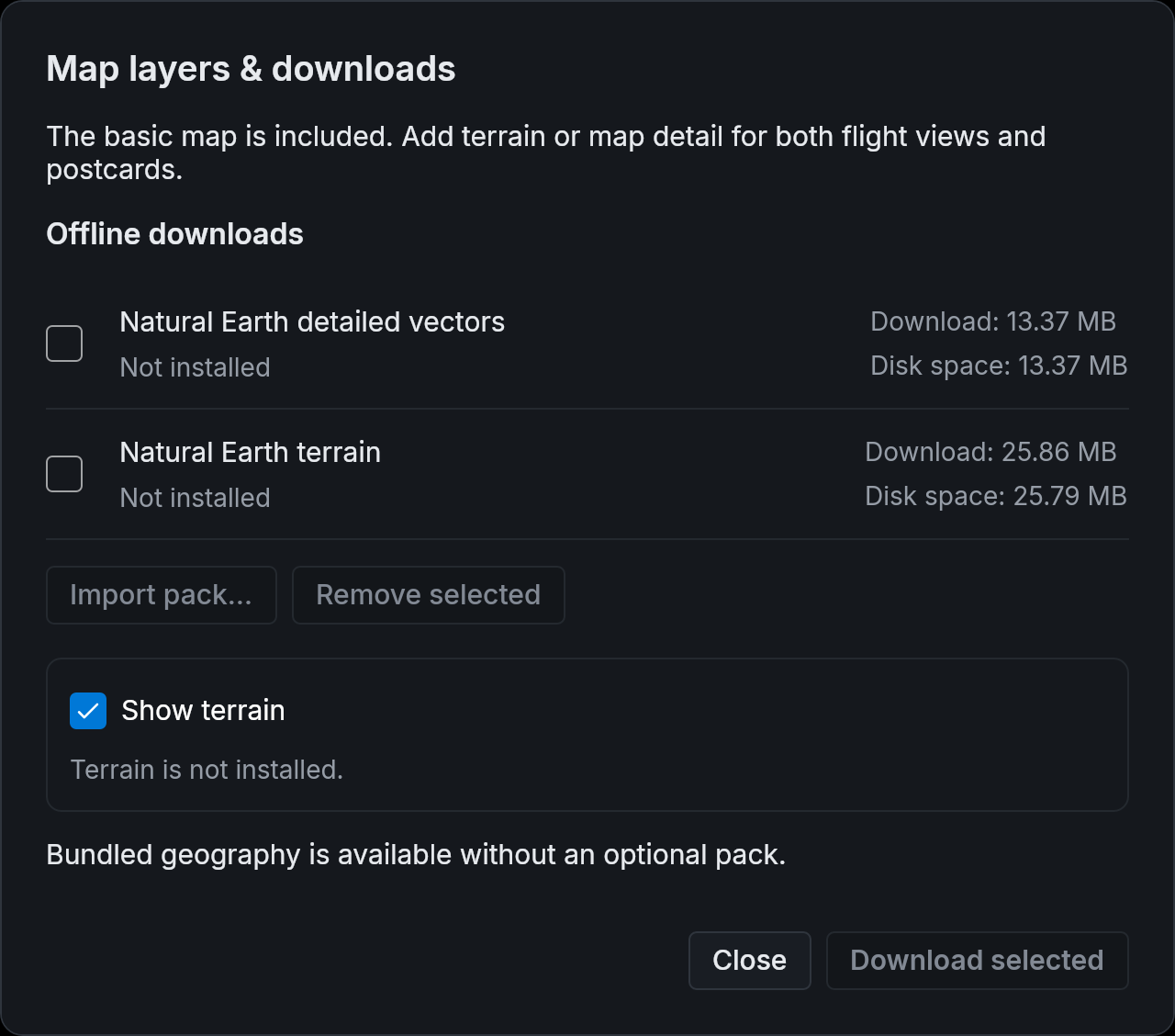 Map layers & downloads with neither Natural Earth pack installed.