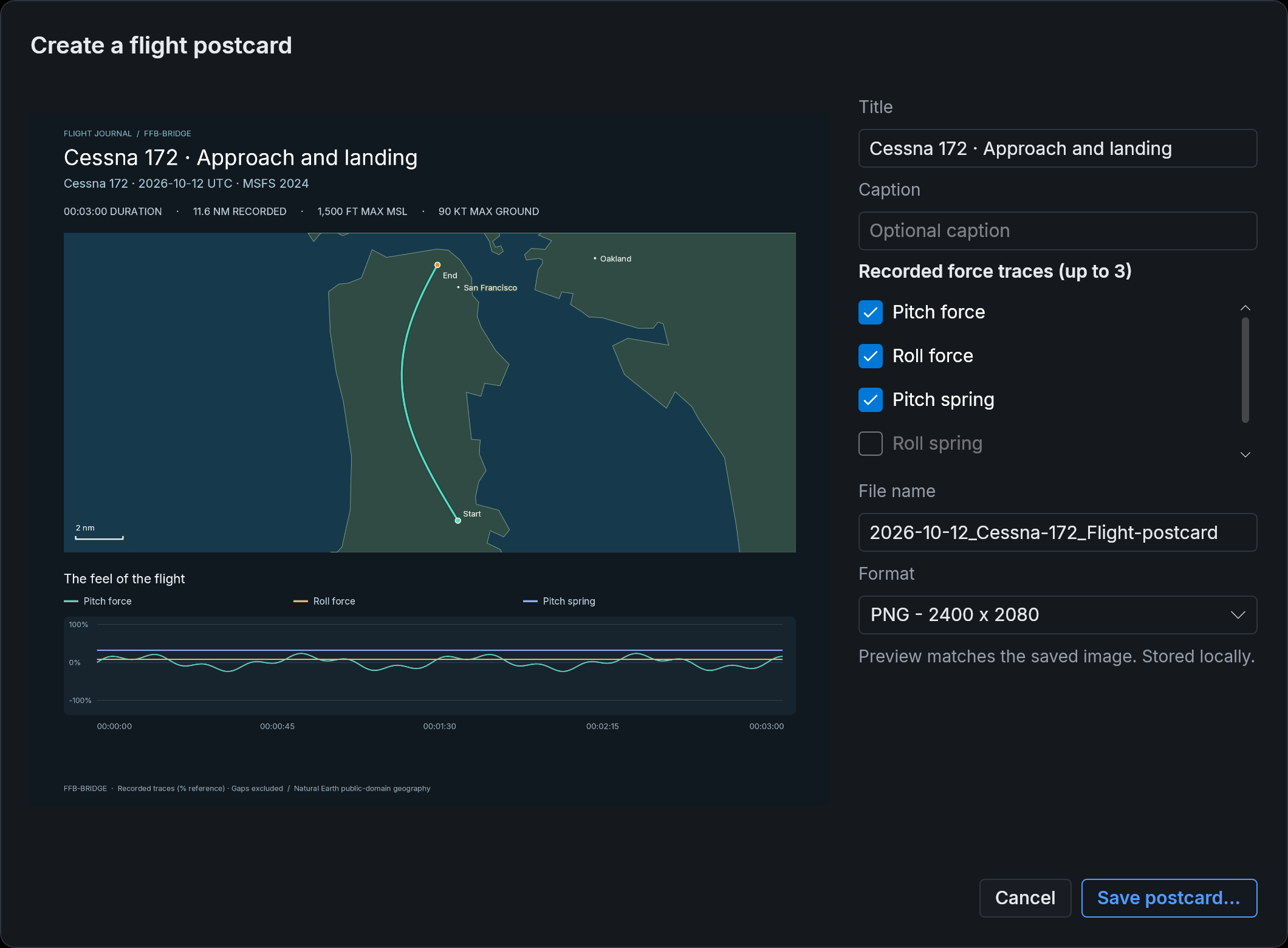 Create a flight postcard: the preview on the left, and the title, traces, file name and format on the right.