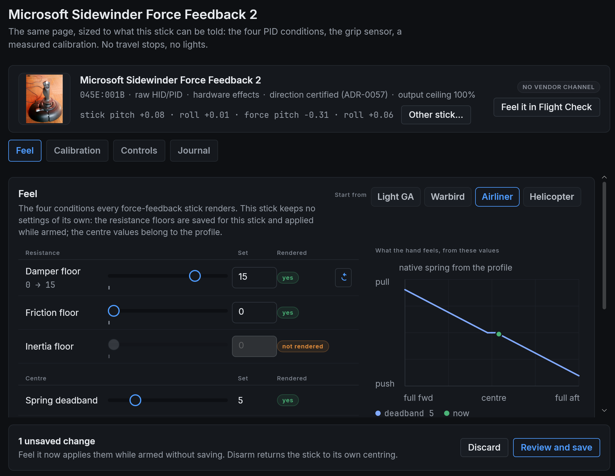 La pagina per un Microsoft SideWinder Force Feedback 2 nella scheda Sensazione, con il preset Aereo di linea e una modifica non salvata.