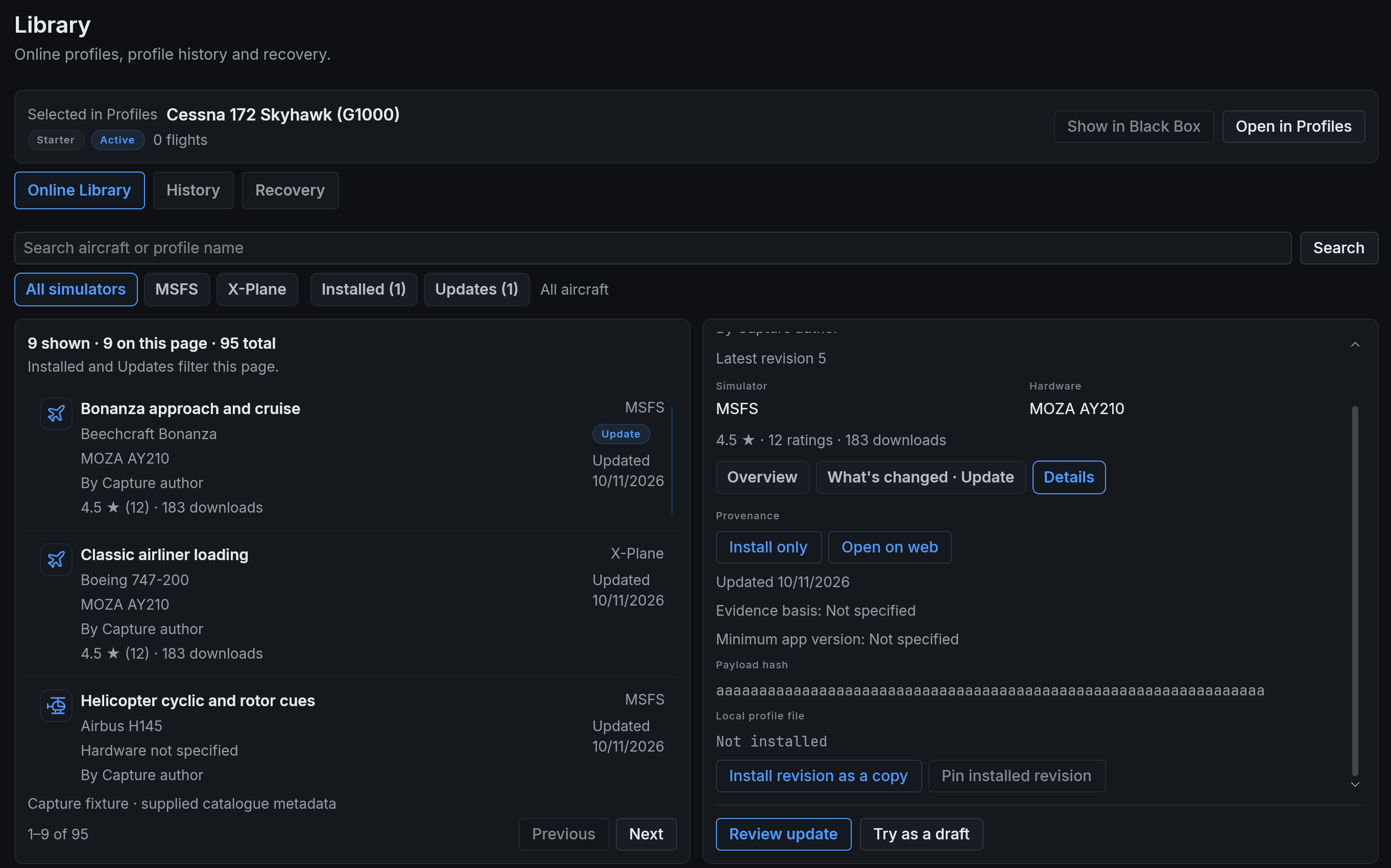 La scheda Dettagli del profilo selezionato: Installa soltanto, Apri sul web, la versione minima dell'app, il file del profilo locale, Installa la revisione come copia e Blocca la revisione installata.