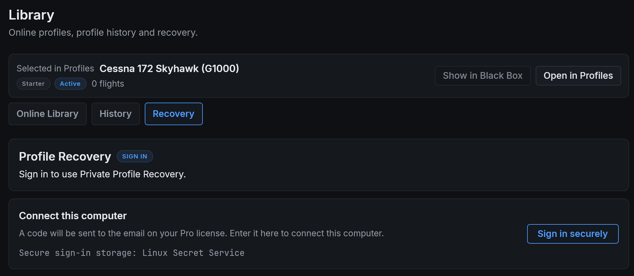 The Recovery tab in Library before you sign in, with the Sign in securely button.