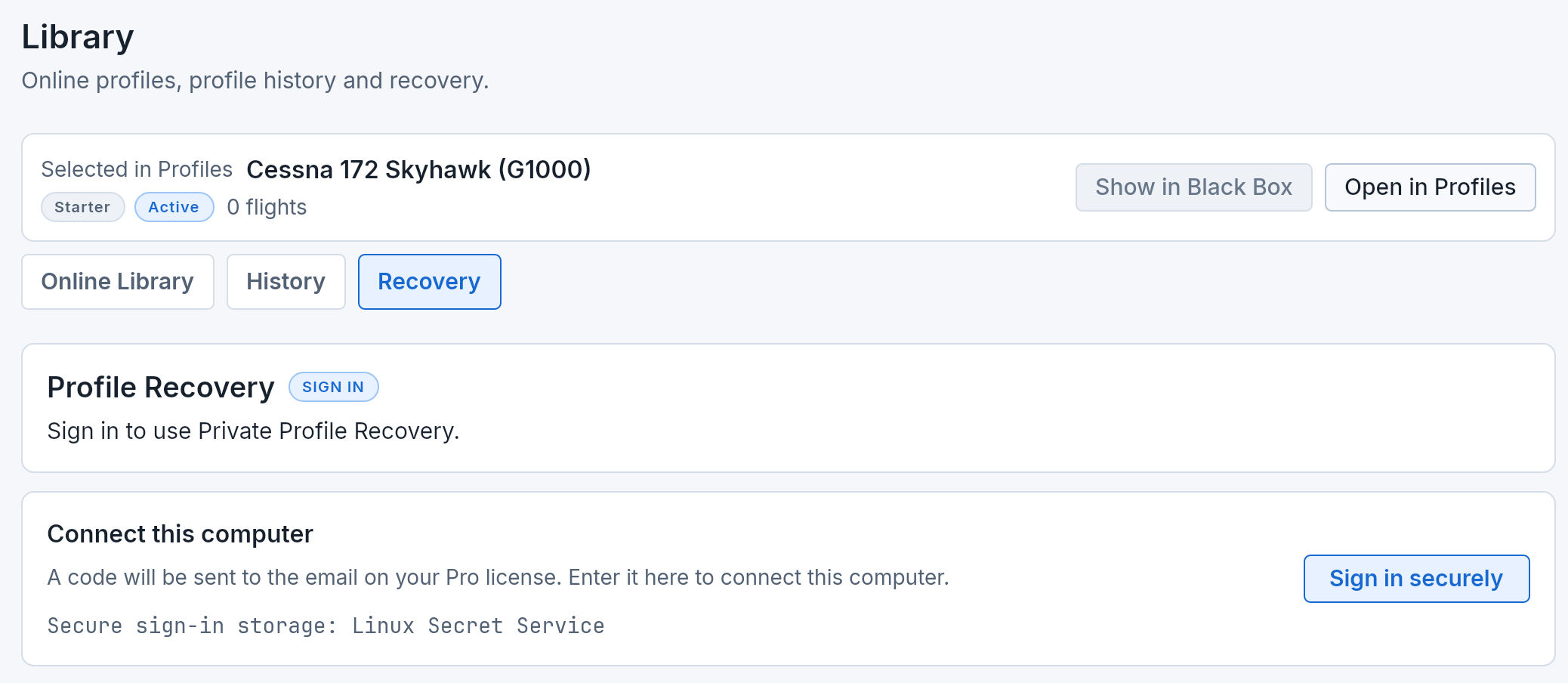 The Recovery tab in Library before you sign in, with the Sign in securely button.
