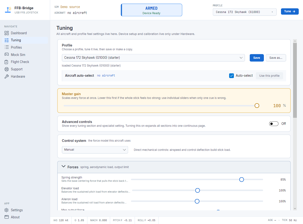 FFB-Bridge Tuning page with per-effect force-feedback sliders
