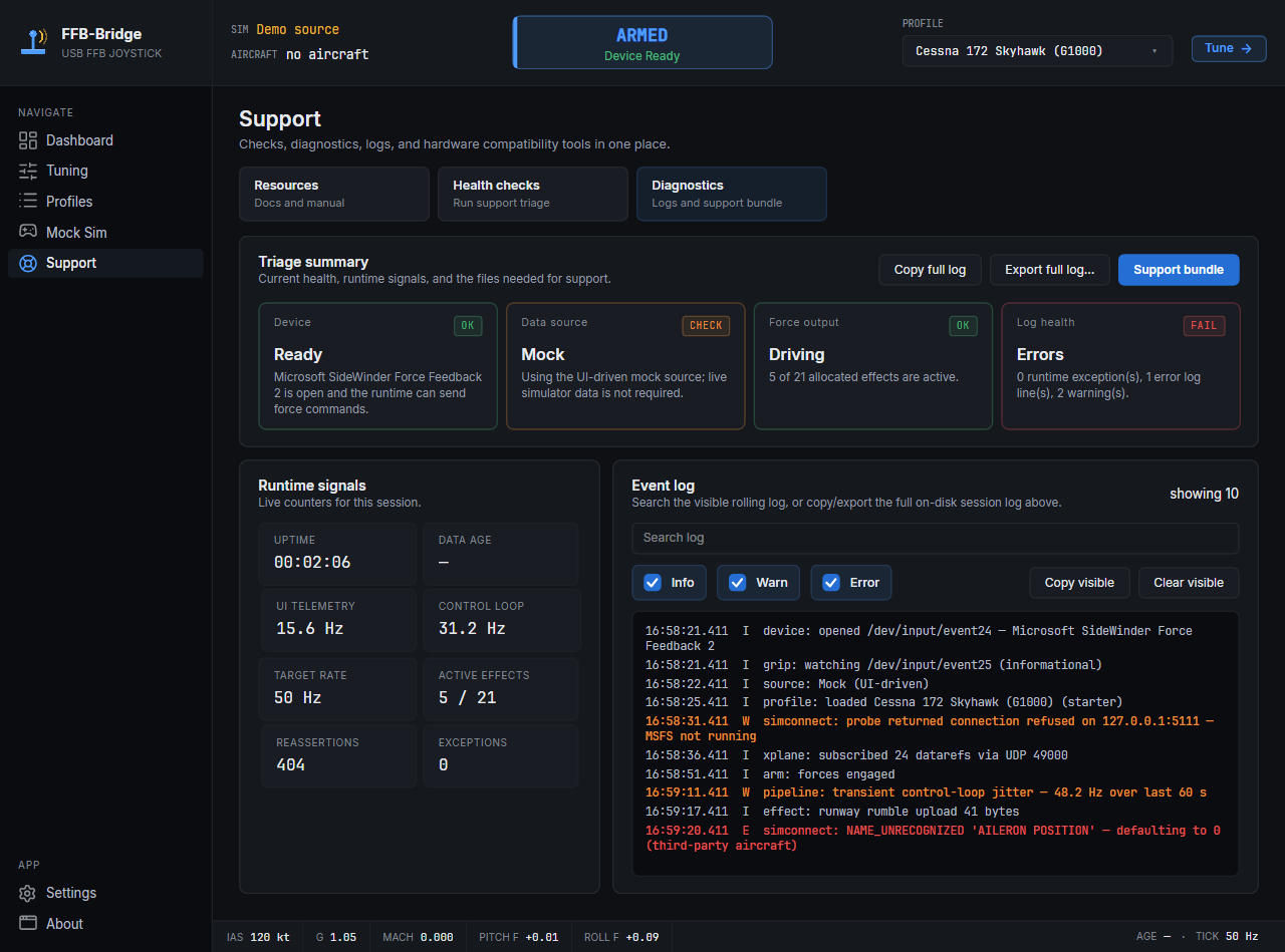 FFB-Bridge Diagnostics page with runtime metrics, logs, and support-bundle export