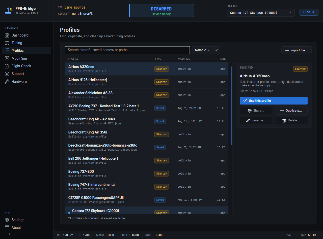 FFB-Bridge Profiles page for saved SideWinder FFB2 tuning values