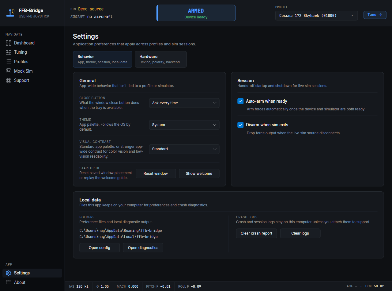 Pagina Impostazioni. Le schede dati Generale, Sessione e Locale della scheda Comportamento coprono il tema, il contrasto visivo, il comportamento di chiusura, l'inserimento/disinserimento automatico, le cartelle locali, la pulizia degli arresti anomali e la pulizia dei registri.
